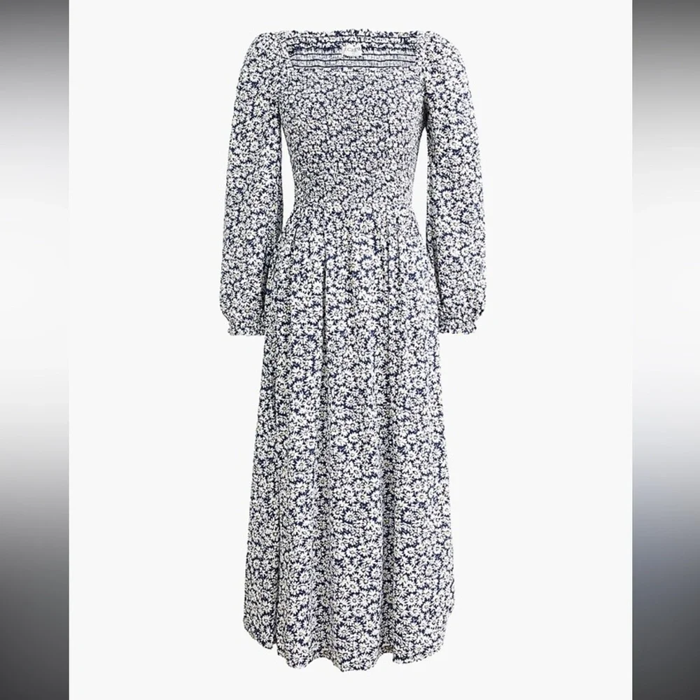 J. Crew Navy and White Floral Long Sleeve Dress - Picture 1 of 4
